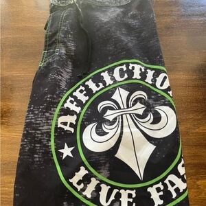 Affliction Black Tank with White Crest and Green Ring Sz 32
